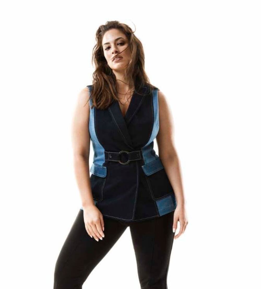 NWT Marina Rinaldi Two Tone Denim Vest Blue US 24 Stretchy Neutral Quiet Luxury